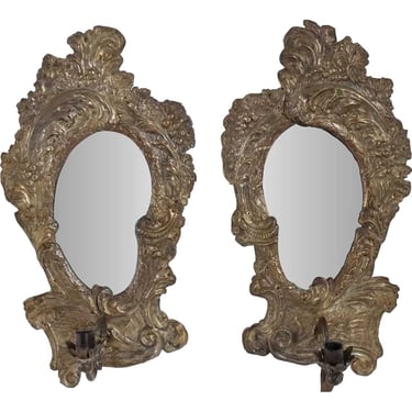 Antique Pair of Italian Rococo Revival Brass Repousse Mirrored One-Light Candle Sconces 
