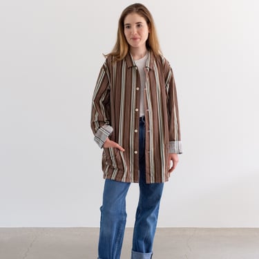 Vintage Brown Green White Striped Shirt Jacket | Unisex Flannel Stripe Cotton Pajama Chore shirt | M | SJ005 