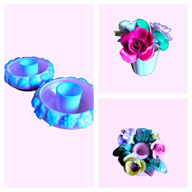 VINTAGE inspired porcelain floral Intricately designed porcelain candleholders for vintage charm Handcrafted porcelain blooms for home decor 