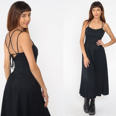 Vintage Y2K Black Slinky Spaghetti Strap Maxi Dress/Assimetrical