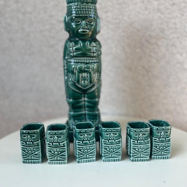 Vintage Tiki Barware Decanter Set 6 Shot Cups Green Aztec Mayan Theme 