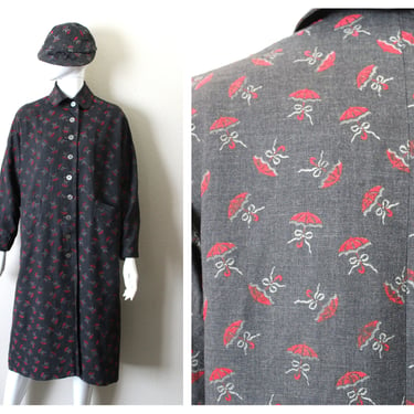 Vintage 40s Coat / 1940s Novelty Print Wool Flocked Red Velvet Umbrella Matching Hat  // vtg 40s Modern Small Medium 