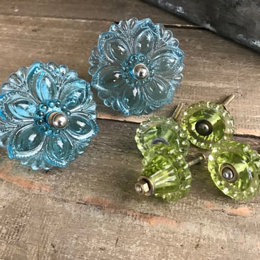 Glass Door Knob Collection, Molded Blue Green Glass Fixture, Cupboard Knob, Glass Hardware, Architectural Salvage, KH 