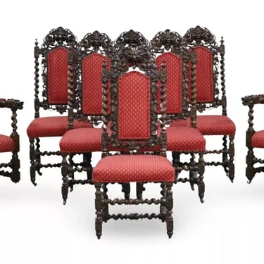 Antique Chairs, Set Of 6 &amp; 2, Red, Carved, French RenaIss., Barley Twist, 1800s!!