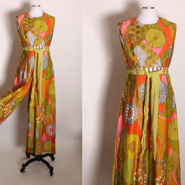 1960s Orange, Pink and Green Floral Flower Power Cutout Midriff Cage Belted Sleeveless One Piece Jumpsuit by Alex Colman California -M 