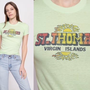 70s St Thomas Tourist T Shirt - Extra Small | Vintage US Virgin Islands Green Fitted Graphic Souvenir Tee 