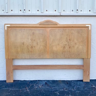 Vintage Blonde Queen Headboard with Burl and Carved Trim by Bernhardt - White Wood Hollywood Regency Asian Style Bedroom Furniture 