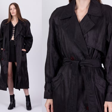 80s Black Duster Trench Coat - Large | Vintage Double Breasted Button Up Long Rain Jacket 