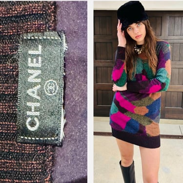 CHANEL color Block Sweater Dress Knit Tunic Designer Gold Runway look M 