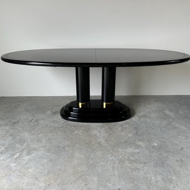 Henredon " Scene Three"  Black Lacquer & Zebra Wood Top Pedestal Oval Dining Table 