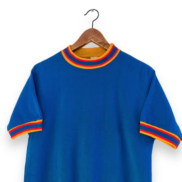 vintage sweatshirt / 60s sweatshirt / 1960s Pennys Towncraft blue striped acrylic short sleeve ringer sweatshirt Medium 