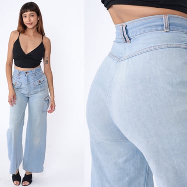 70s Wide Leg Jeans Faded Blue Denim Bell Bottom Pants High Waisted Rise Bellbottoms Retro Hippie Seventies Flared Vintage 1970s Small 27 