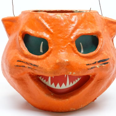 Antique 1940's Orange Cat Head Lantern, made with Pulp Paper Mache, Vintage Halloween Decor 