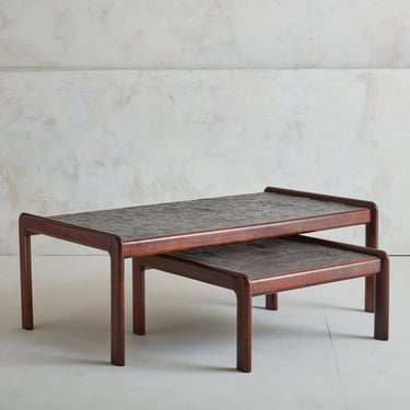 Rosewood Coffee + Side Table with Stone Top in the Style of Pierre Chapo, France 1980s