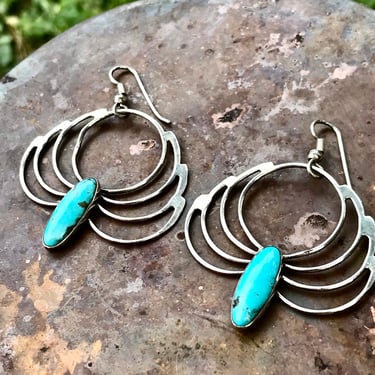 Sterling Silver Turquoise Earrings Dangle Egyptian Revival Vintage Handmade Jewelry 