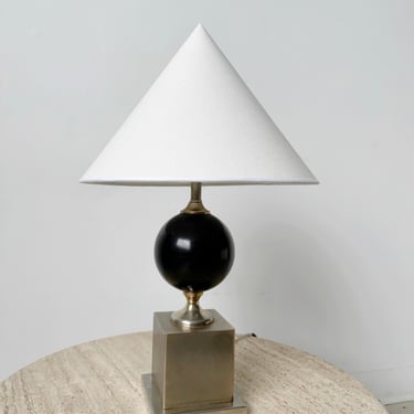 GEOMETRIC CHROME TABLE LAMP WITH CONICAL SHADE ATTRIBUTED TO PHILIPPE BARBIER, 70's