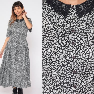 80s Mosaic Dress Black White Abstract Lace Collar Dress Midi Drop Waist Granny Dress Button Up Vintage Pocket Short Sleeve Small 6 Petite 