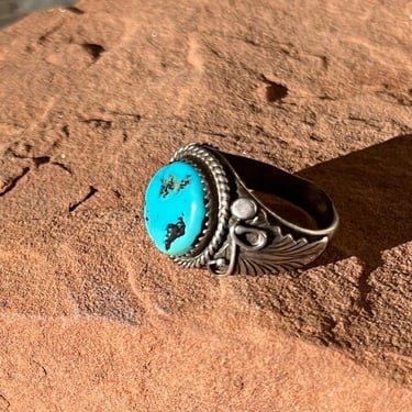 Richard Begay ~ Navajo Sterling Silver and Turquoise Feather Ring - Size 11.75 