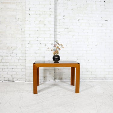 Vintage MCM rectangular w/ rounded edges teak coffee table w/ tinted glass top (2 available) | Free delivery in NYC and Hudson Valley areas 