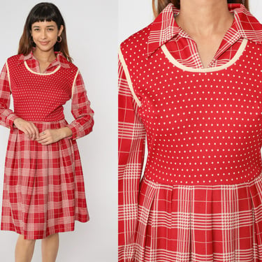 Mod Plaid Dress 60s 70s Red Checkered Print 1970s Polka Dot Dress High Waist Pleated Preppy Mixed Print Attached Vest Vintage Medium 