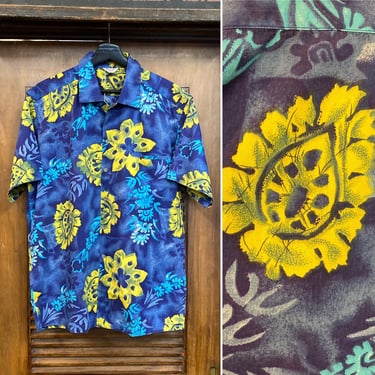 Vintage 1950’s Size L “Kamehameha” Floral Cotton Loop Collar Tiki Hawaiian Shirt, 50’s Button Down, Vintage Clothing 