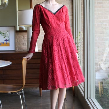 Vintage 1950s Gigi Young Red Lace Dress, Small Women, Fit and Flair 