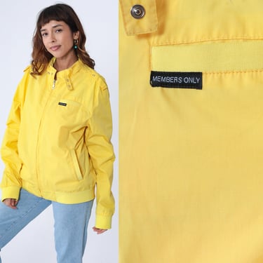 Members Only Jacket 90s Yellow Bomber Jacket Zip Up Windbreaker Cafe Racer Moto Epaulette Coat Streetwear Vintage 1990s Men's Large L 