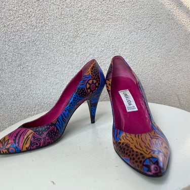 Vintage New Wave heeled leather pumps neon jungle theme by Linea Lidia sz 9/9.5 