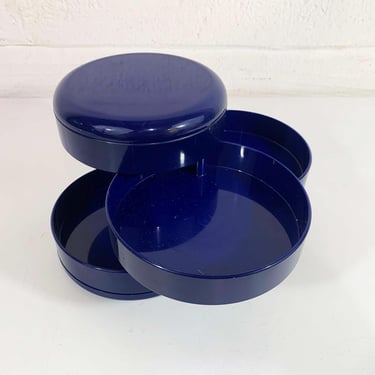 Vintage InterDesign Four Compartment Navy Blue Dish Plastic Swivel Storage Container with Lid Mid Century Mod Space Design 1970s 1980s 