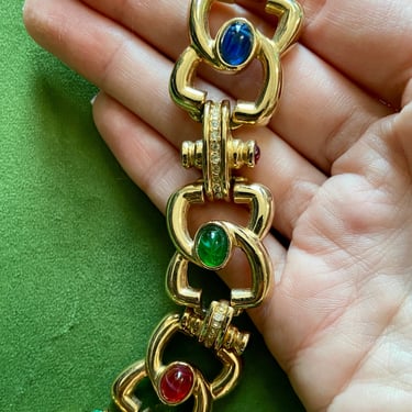 Stunning Estate Gold Link Multi-Colored Glass Cabochon Bracelet