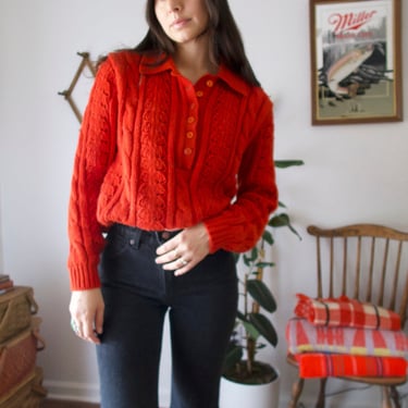 Vintage 70's Koret of California Red Knitted Collared Half Button Pull Over Sweater 