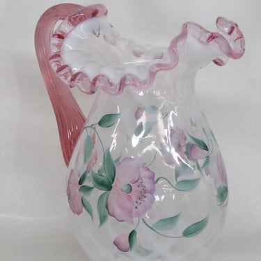Fenton Glass Diamond or French White Optic Swirl Pink Crest Floral Pitcher 2812B
