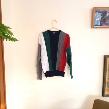 Vintage Nautica Striped Colorblock Cable Knit 1990's Pullover Sweater / Jumper S to M 