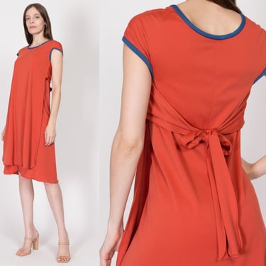 Small 70s Burnt Orange Wrap Overlay Midi Dress | Vintage Ursula Of Switzerland Retro Lettuce Hem Smock Dress 