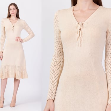 70s Picardo Knits Eyelet Midi Dress, As Is - Small | Vintage Boho Open Weave Long Sleeve Cream Knit Dress 