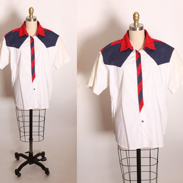 1980s White, Red and Blue American Half Sleeve Button Up Western Shirt Blouse -2XL 