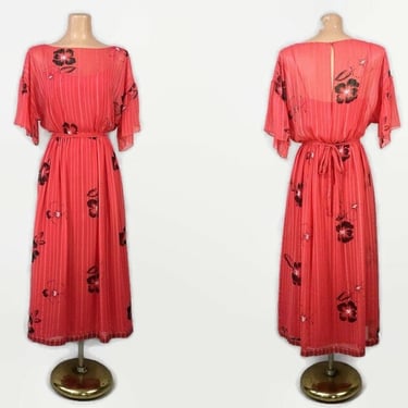 VINTAGE 1980s RARE Olga Levantin French Silk Chiffon Dress | 70s 80s Red Hibiscus Print Sheer Dress | Designer Vintage Bohemian Sz 6 vfg 