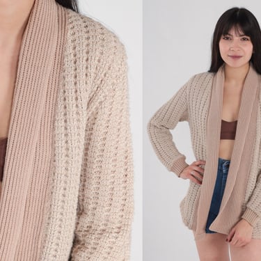 Light Brown Cardigan 70s Open Front Knit Sweater Retro Simple Neutral Fall Wrap Cardigan Minimalist Bohemian Acrylic Vintage 1970s Small S 