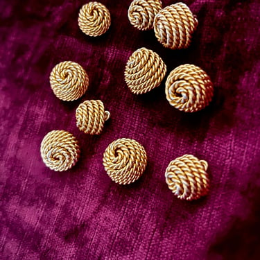 Vintage Metal Buttons, Gold Tone, Braided Top Design, Swirls, Shank Style, Set 10, Sewing Notions 