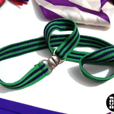 Large Chic Vintage 70s 80s Green Navy Blue Stripe Stretch Belt 