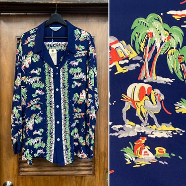 Vintage 1950’s Size XL “Royal Palm” Label Morocco Border Cabana Hawaiian Shirt, 50’s Long Sleeve Hawaiian Shirt, Vintage Clothing 