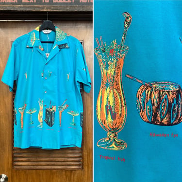 Vintage 1950’s Tiki Cocktail Cotton Hawaiian Drinks Shirt, 50’s Tropical Print, 50’s Tiki Bar, 50’s Cocktail Shirt, Vintage Clothing 