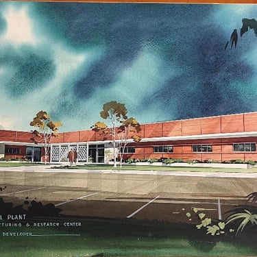 1960s architectural rendering, original painting signed by the artist. 