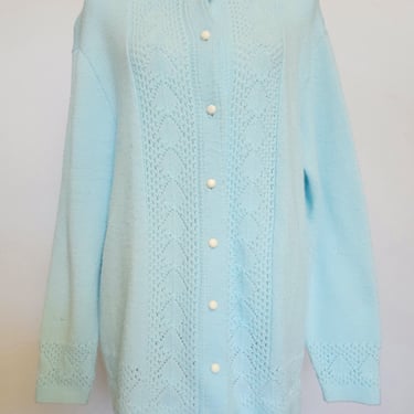 Vintage Late 1970's early 1980's Light Blue Cardigan Wintuck styled by Rose Long Sleeve Open Knit 
