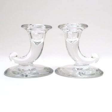 Vintage glass horn taper candleholders, a pair | pressed glass cornucopia candleholders | vintage modern | mid century taper candle holders 
