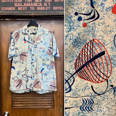 Vintage 1950’s “Kahala” Atomic Miro Style Cotton Hawaiian Rockabilly Shirt, Super Rare Design, Loop Collar, 50’s Vintage Clothing 