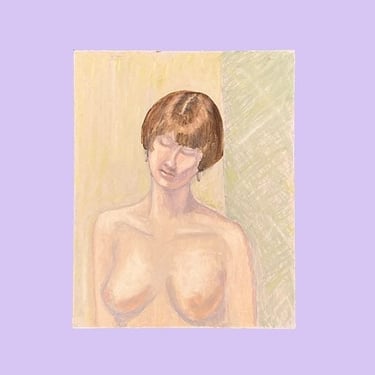 Vintage Nude Painting 1970s Retro Size 20x16 Bohemian + Nude Woman + Portrait + Acrylic + Hardboard + Nudity + MCM Wall Art and Decor 