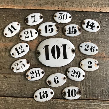 French Chippy Enamel Numbers, Apartment Room Address, White Black Enamel, Miniature Size, Sold by Each, 14 Available 
