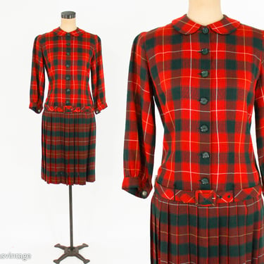 1960s Red Plaid Wool Dress | 60s Plaid Red & Green Dress | Bobbie Brooks | Medium 