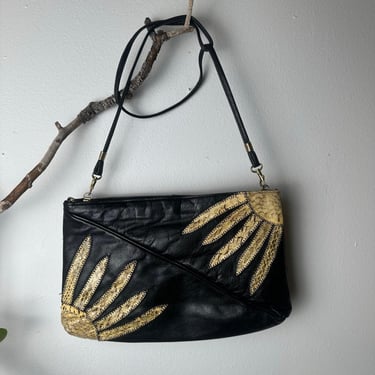 Vintage Black Leather Purse with Snakeskin Floral Details | Boho Shoulder Bag | Unique Handmade Crossbody Bags |  Leather Bag | Vintage Bag 